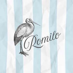 Romilo — engraved stork on blue awning stripes